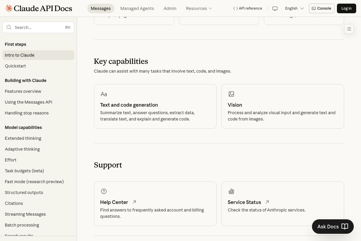 Anthropic API Docs key capabilities section confirming Text and code generation and Vision as Claude platform capabilities