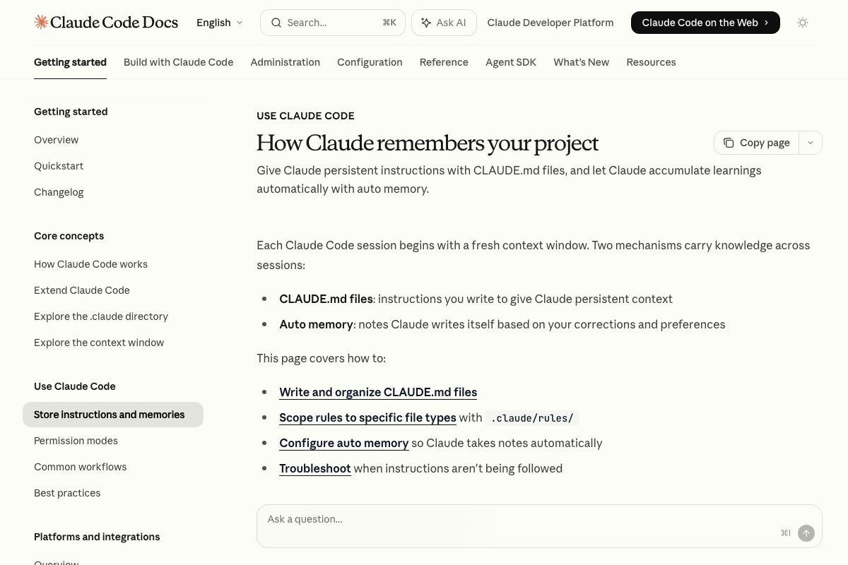 Claude Code docs page 'How Claude remembers your project' showing CLAUDE.md files and Auto memory as the two official persistence mechanisms.