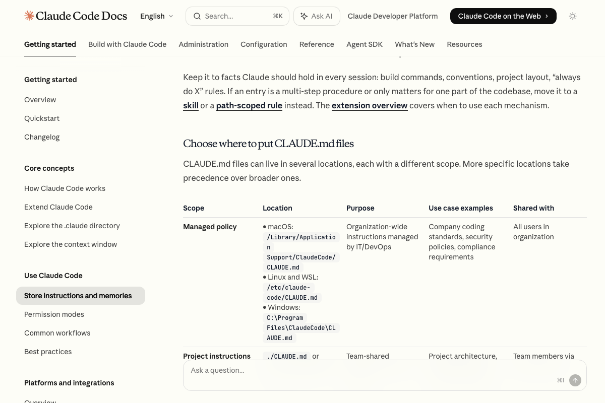 Claude Code docs showing CLAUDE.md file placement hierarchy: Managed policy (system-wide), Project instructions (./CLAUDE.md), with more specific locations taking precedence.
