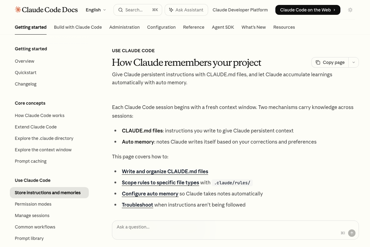 Claude Code Docs 'How Claude remembers your project' page showing CLAUDE.md and Auto memory as two named native mechanisms