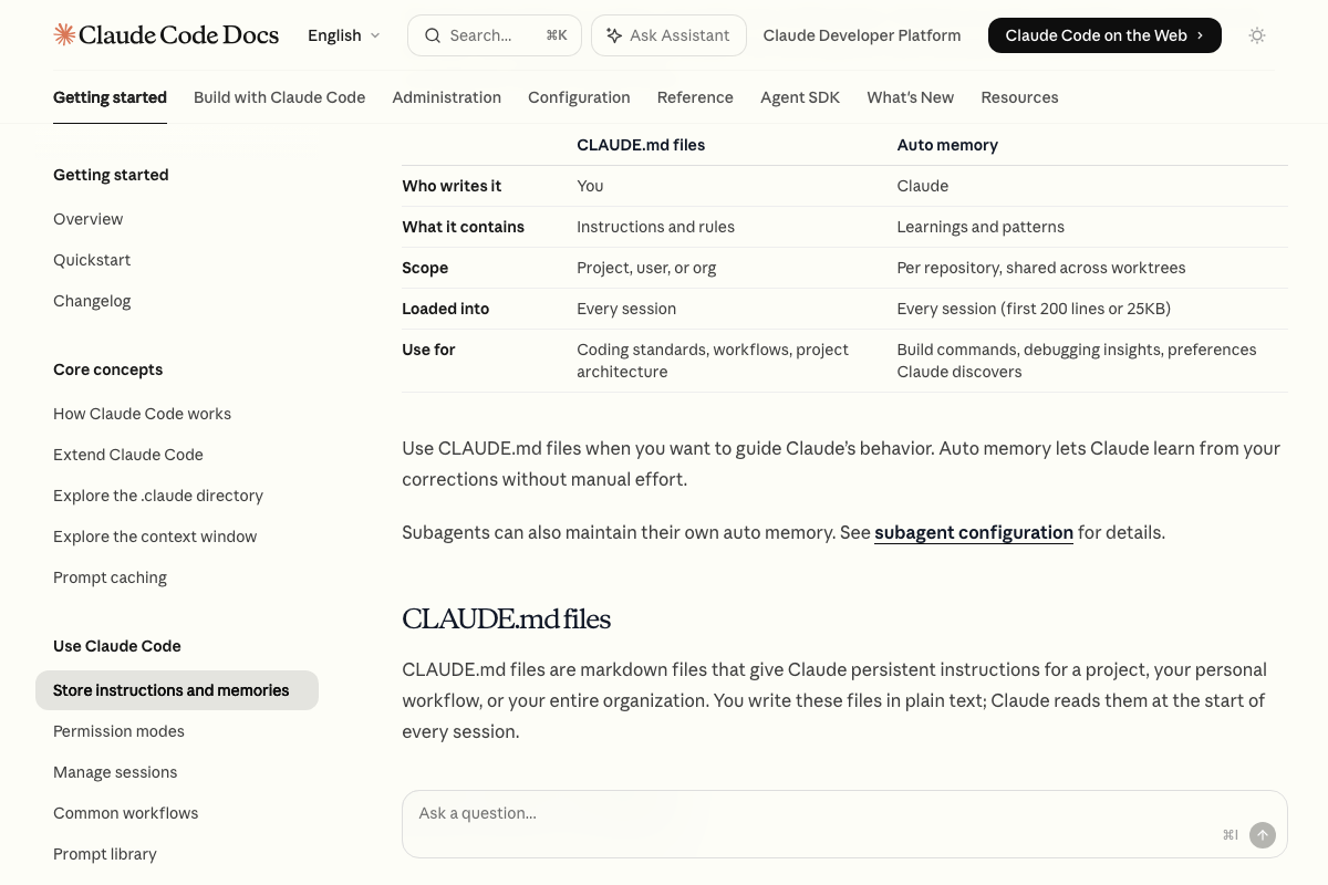 Claude Code Docs comparison table showing the 200-line/25KB Auto memory session cap alongside CLAUDE.md scope options