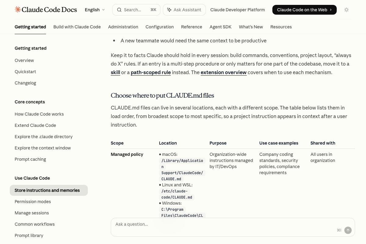 CLAUDE.md placement table showing managed policy scope, OS-specific paths, and 'All users in organization' sharing scope