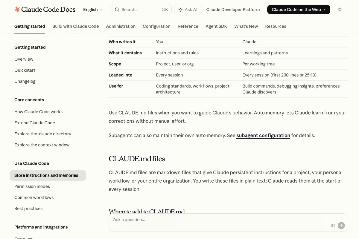 Comparison table: CLAUDE.md (user-written, loads every session) vs. Auto memory (Claude-written, capped at 200 lines/25KB).
