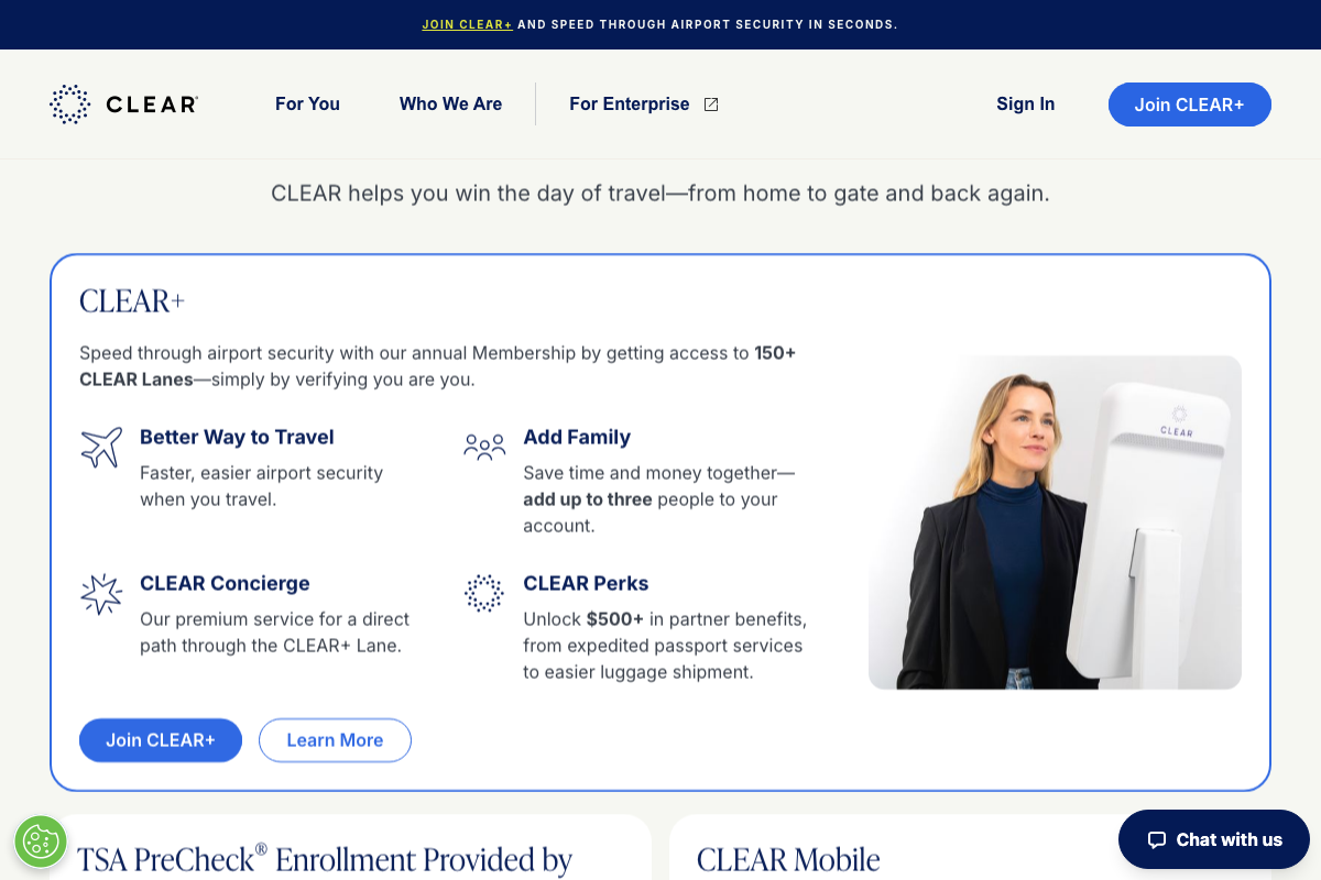 CLEAR+ membership features page showing bundled TSA PreCheck enrollment and 150+ lane access (clearme.com, captured May 2026)
