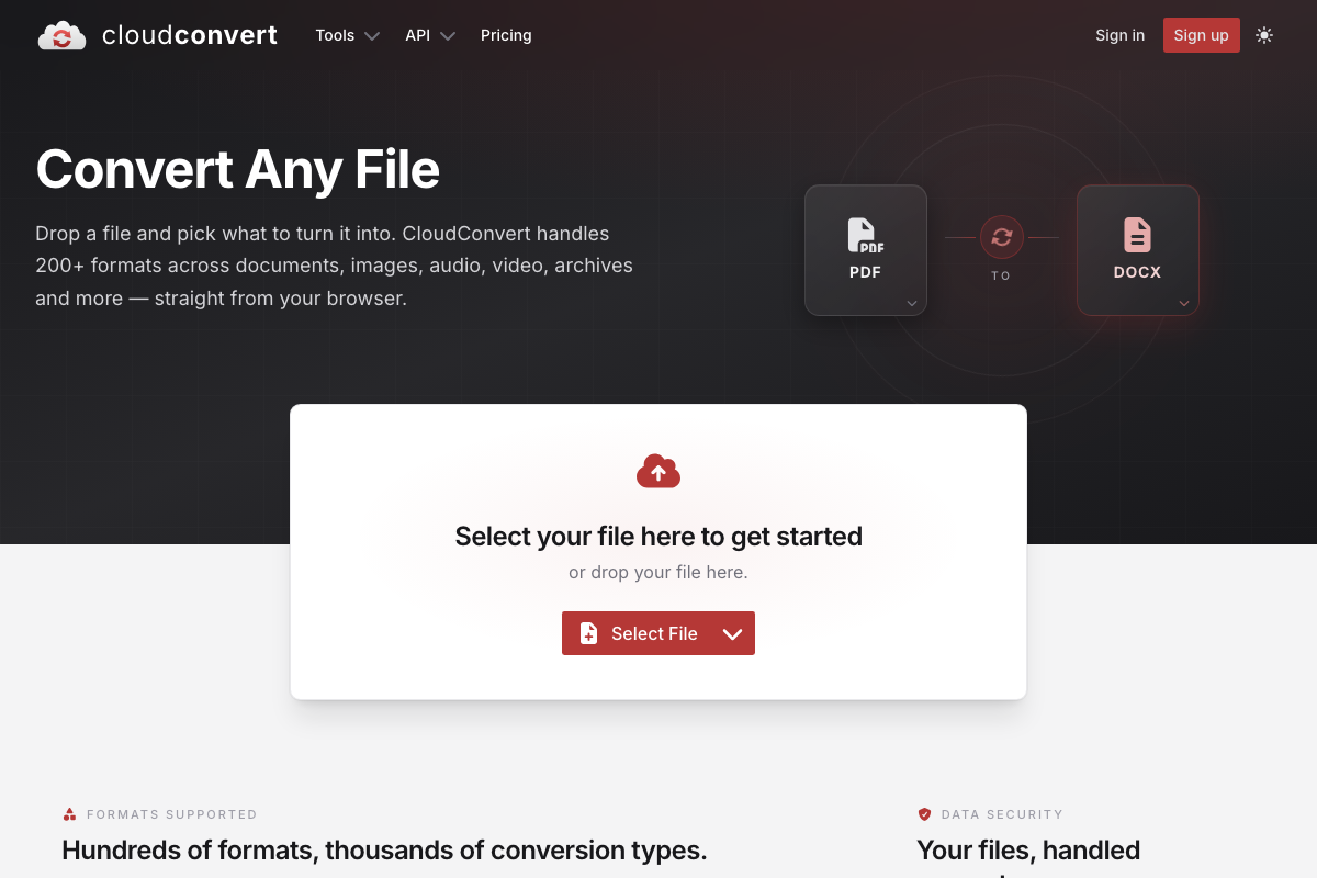 CloudConvert homepage showing the file upload interface — default conversion is PDF to DOCX, not PNG to WebP
