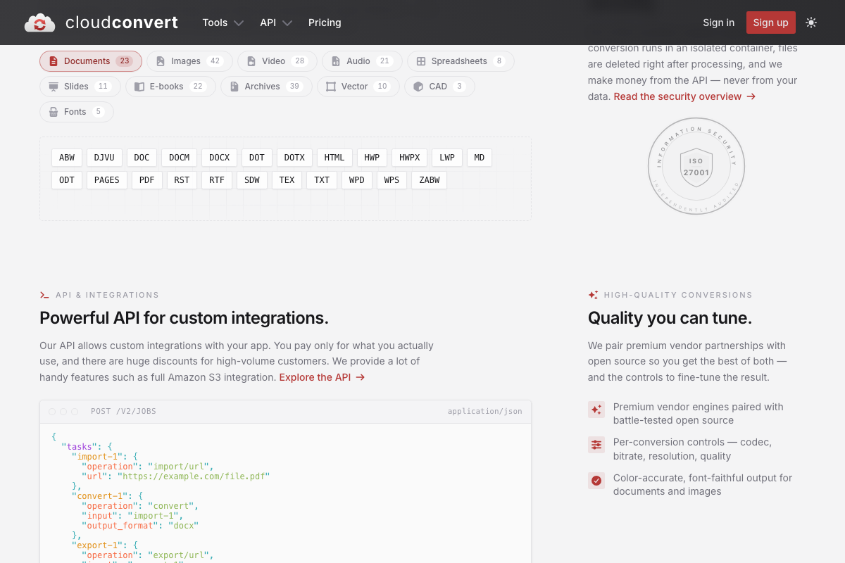 CloudConvert format category panel confirming 42 supported image formats including WebP