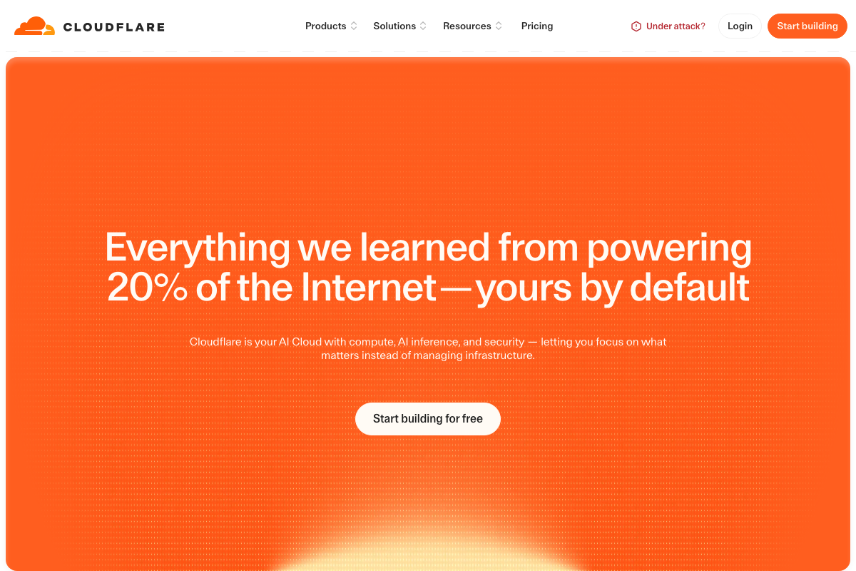 Cloudflare.com homepage — the AI bot traffic control dashboard referenced in the tutorial was not captured in available screenshots