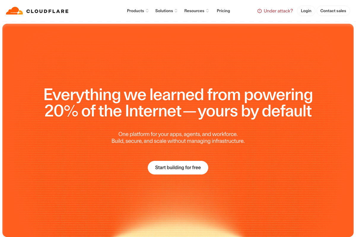 Cloudflare main homepage — no analytics dashboard, bot tracking, or Ahrefs integration UI present.