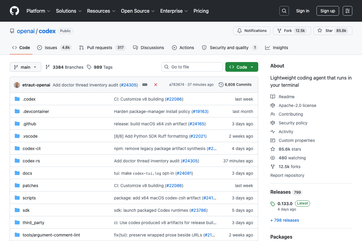 GitHub openai/codex showing latest release 0.133.0, dual codex-cli and codex-rs implementations, and the official