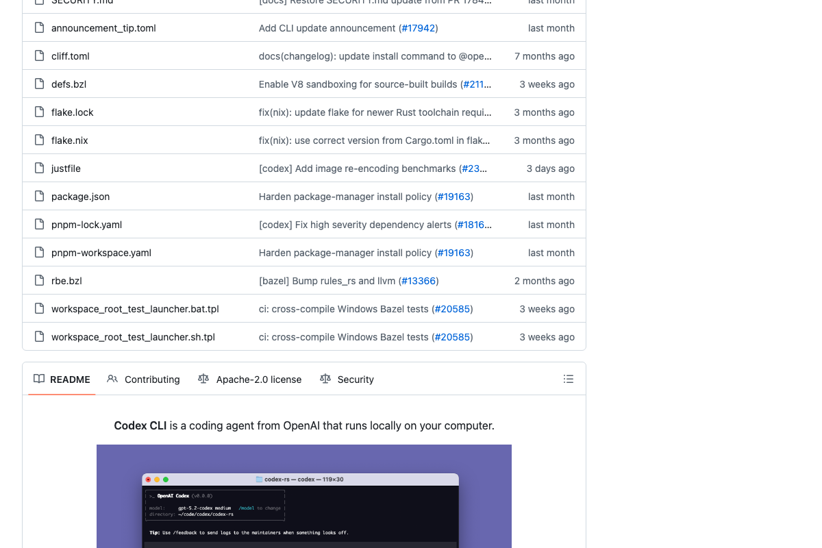 GitHub openai/codex root file listing showing AGENTS.md and the recent commit making codex-tui.log opt-in by default.