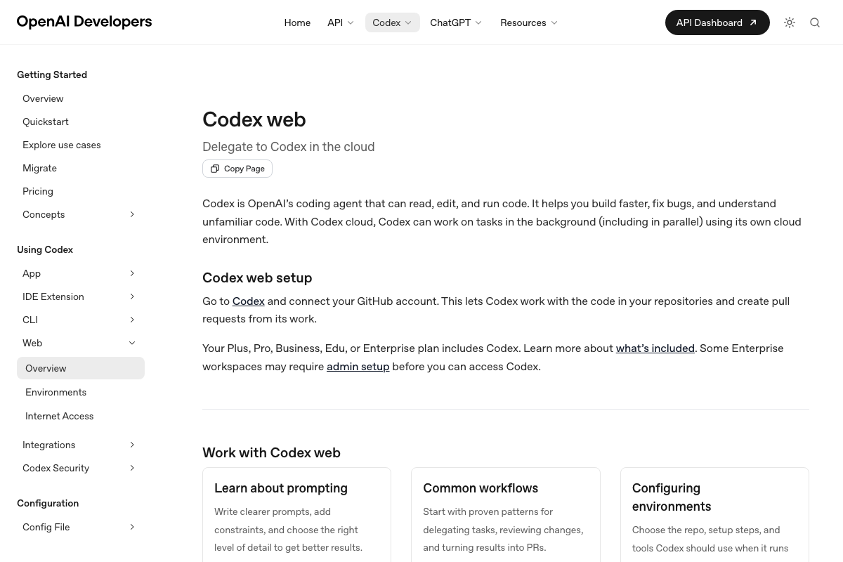 OpenAI Codex documentation showing cloud-hosted model and GitHub integration requirement