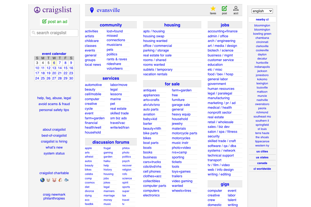 Craigslist Evansville homepage showing the services and jobs categories where early SEO freelancers would have solicited or found clients.