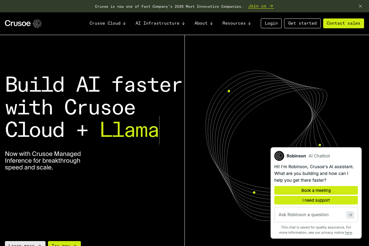 Crusoe.ai homepage confirming Crusoe Managed Inference as a currently marketed product — 'Memory Alloy' terminology does not appear on this page.