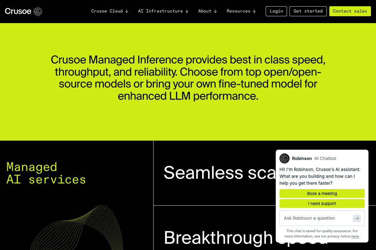 Crusoe Managed Inference product page confirming speed, throughput, and reliability claims — 'Memory Alloy' is absent from all official copy.