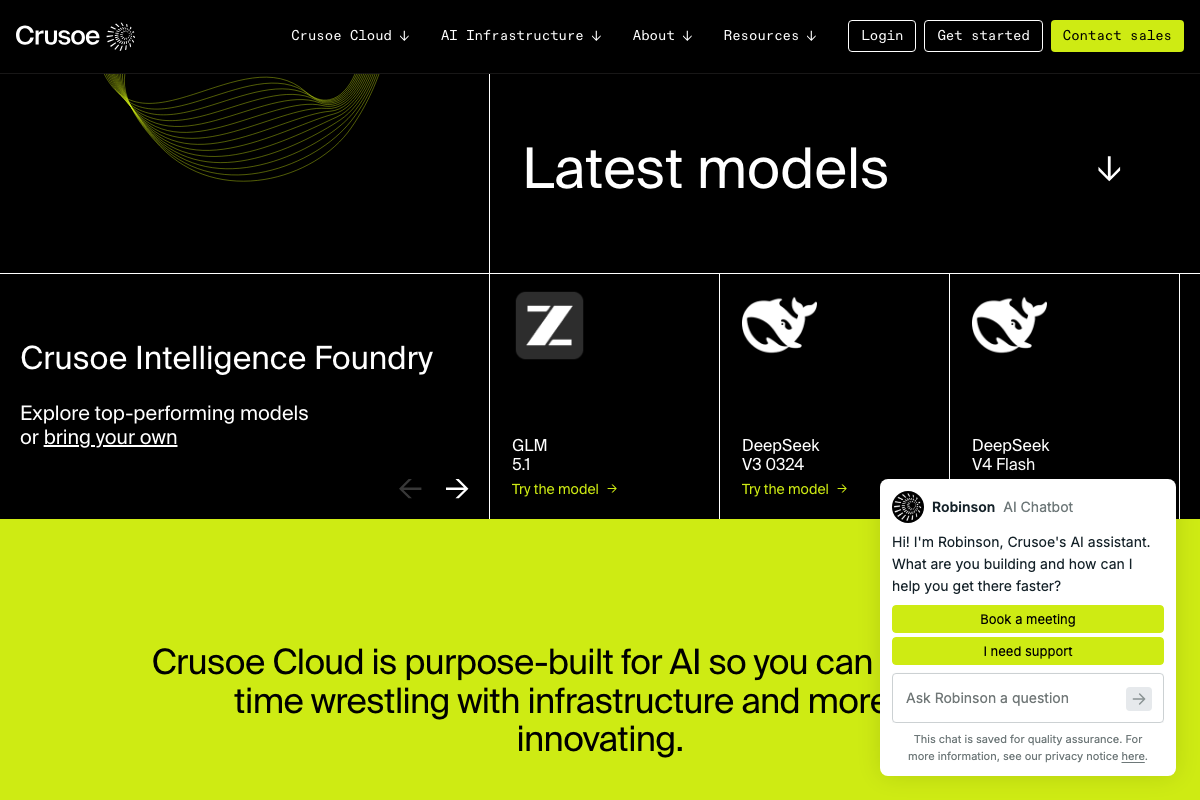 Crusoe Intelligence Foundry model catalog showing GLM 5.1, DeepSeek V3 0324, and DeepSeek V4 Flash as available models.
