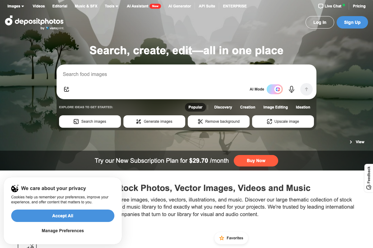Depositphotos homepage showing AI Assistant labeled 'New' in top navigation and the Ideation tab surfaced in the homepage's 'Explore Ideas to Get Started' section.