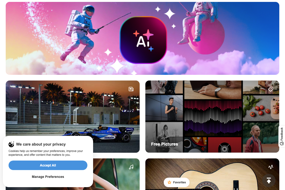 Depositphotos homepage scroll confirming the music and audio section as a distinct homepage-level category tile alongside the AI promotional banner.