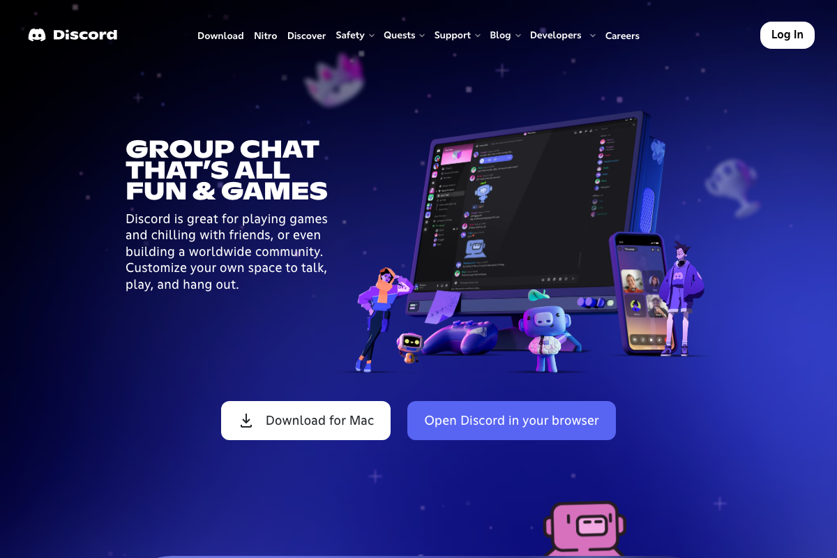 Discord homepage confirming it is a community platform supporting text, voice, and video channels — used in the video for the 'Follow the White Rabbit' treasure hunt announcement.