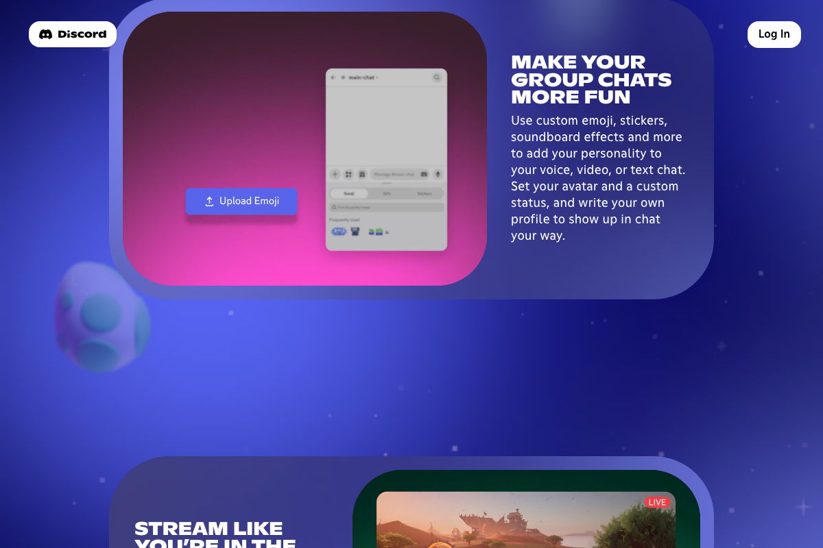 Discord feature page showing text channel customization including emoji uploads, stickers, and profile features within a server.