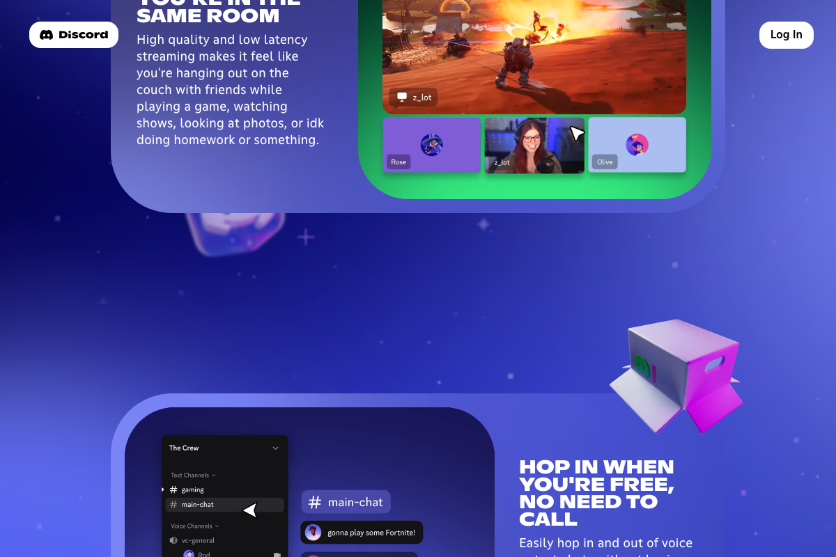 Discord feature page showing voice channel and streaming capabilities alongside text channel navigation with gaming and general channels.