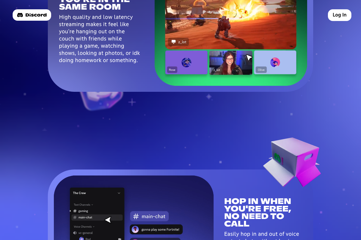 Discord server UI showing organized text and voice channels — the same architecture used for creator team coordination.