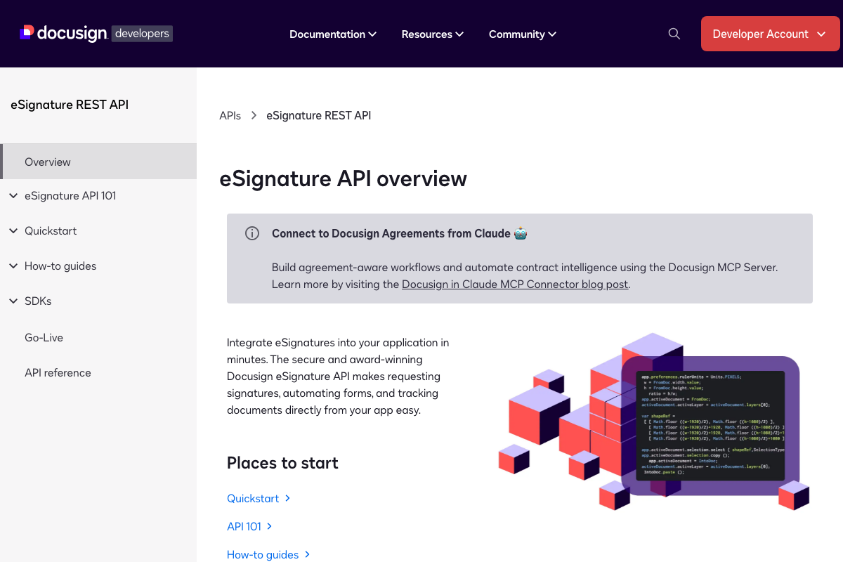 Docusign eSignature API overview showing the official 'Connect to Docusign Agreements from Claude' callout and MCP Server integration