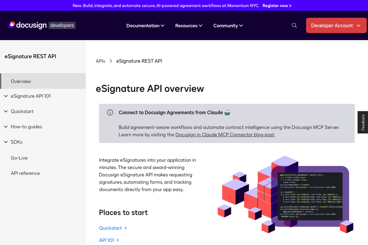 Docusign eSignature API overview confirming signature request, form automation, and document tracking as core capabilities