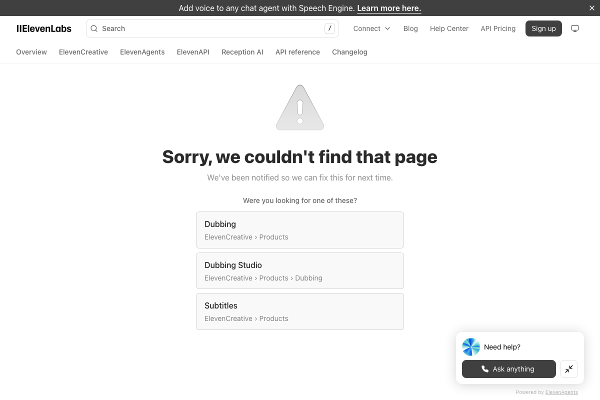 ElevenLabs docs 404 page for /docs/dubbing, with suggested alternative paths to Dubbing and Dubbing Studio