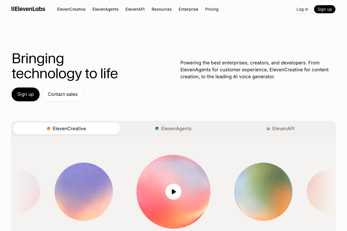 ElevenLabs homepage showing three distinct product lines: ElevenCreative, ElevenAgents, and ElevenAPI