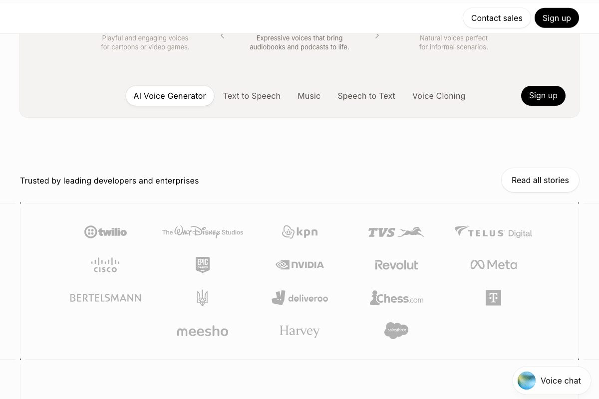 ElevenLabs product feature list including Voice Cloning, alongside enterprise customer logos: Disney, NVIDIA, Salesforce, Meta, Twilio