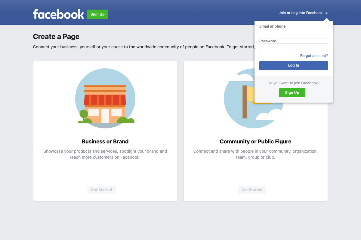 Facebook 'Create a Page' — 'Business or Brand' is the correct page type for a tree service company (facebook.com/pages/create, captured 2026-05-01)