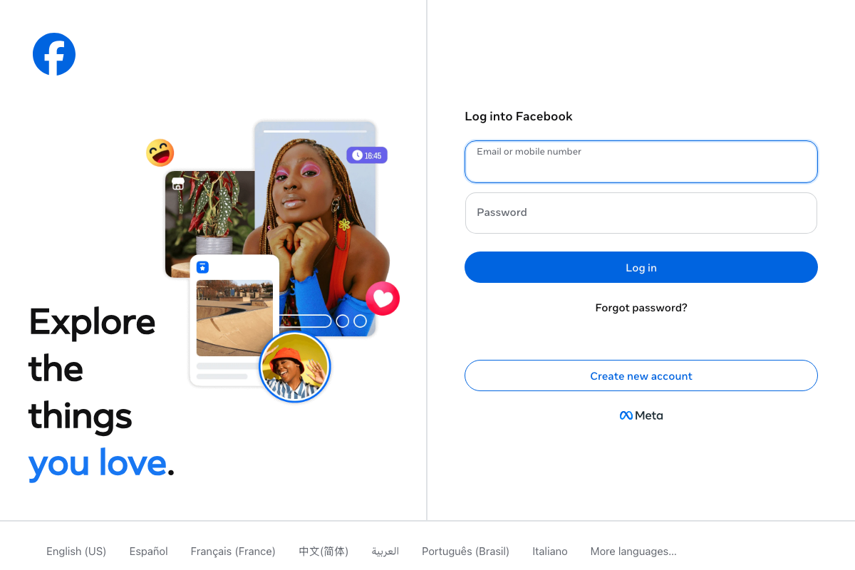 Facebook login page showing a vertical video card, confirming Reels-style video as an active content format on the platform.