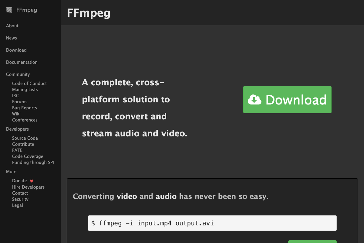 FFmpeg homepage confirming it as the cross-platform video/audio processing tool used by Claude Video for frame extraction