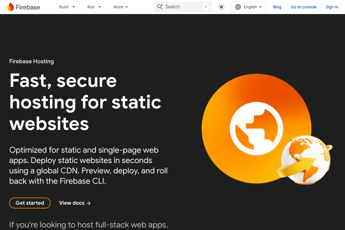 Firebase Hosting product page — 'Fast, secure hosting for static websites'