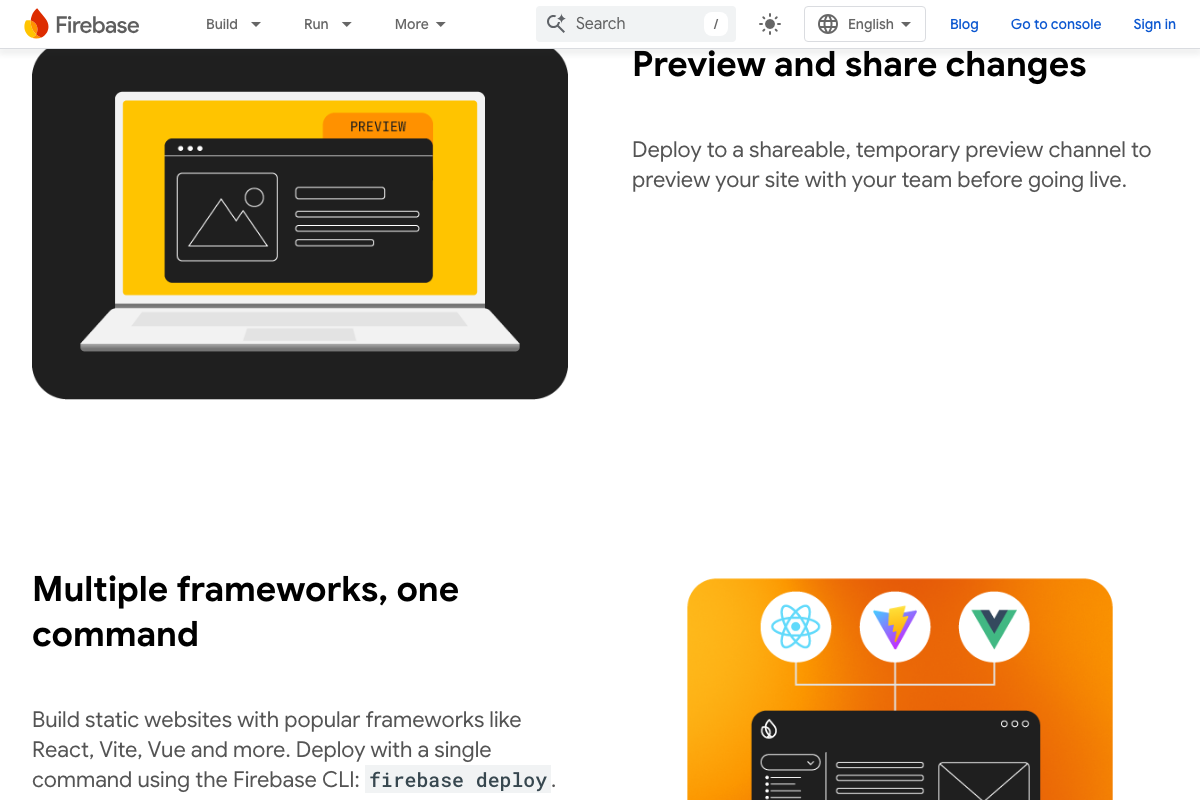Firebase Hosting multi-framework support — React and Vite deployable with a single command