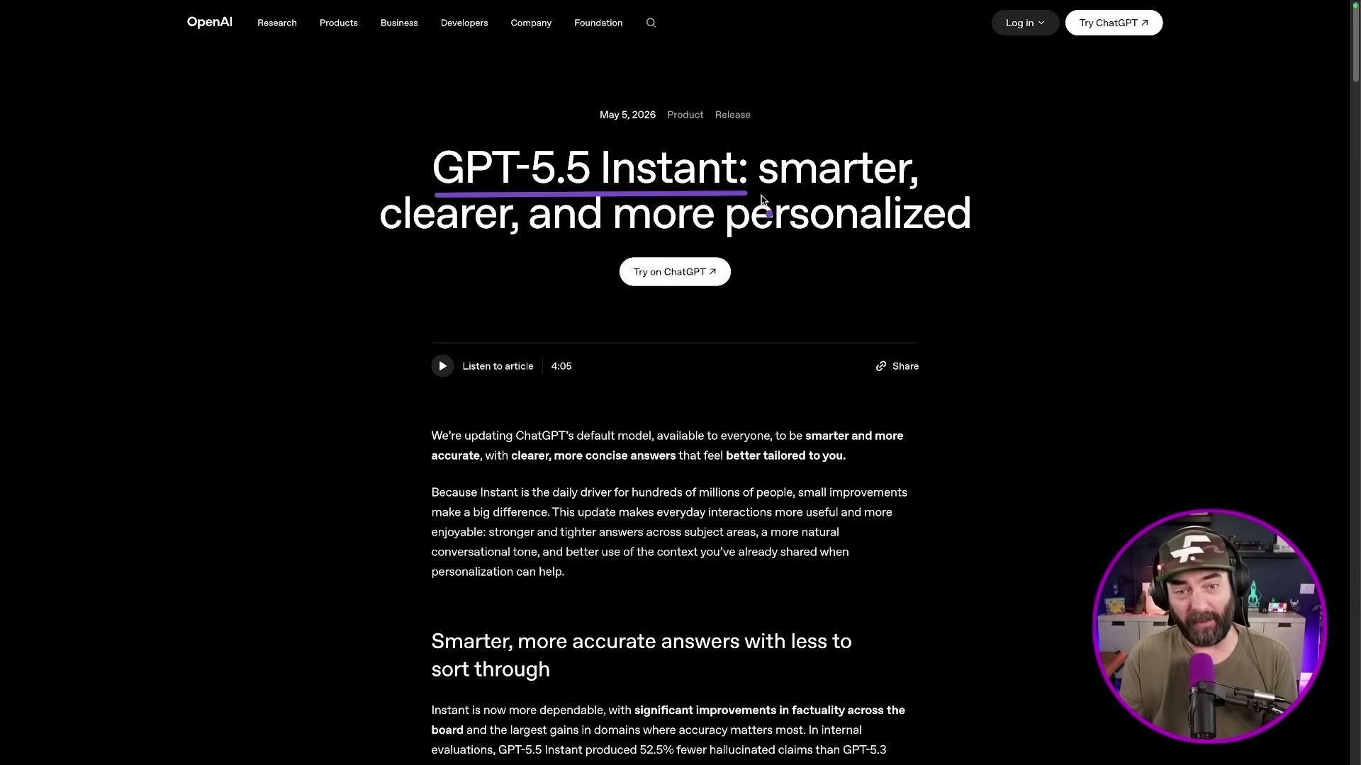 OpenAI's official GPT-5.5 Instant release page — the default ChatGPT model update promising smarter, clearer, and more personalized responses.