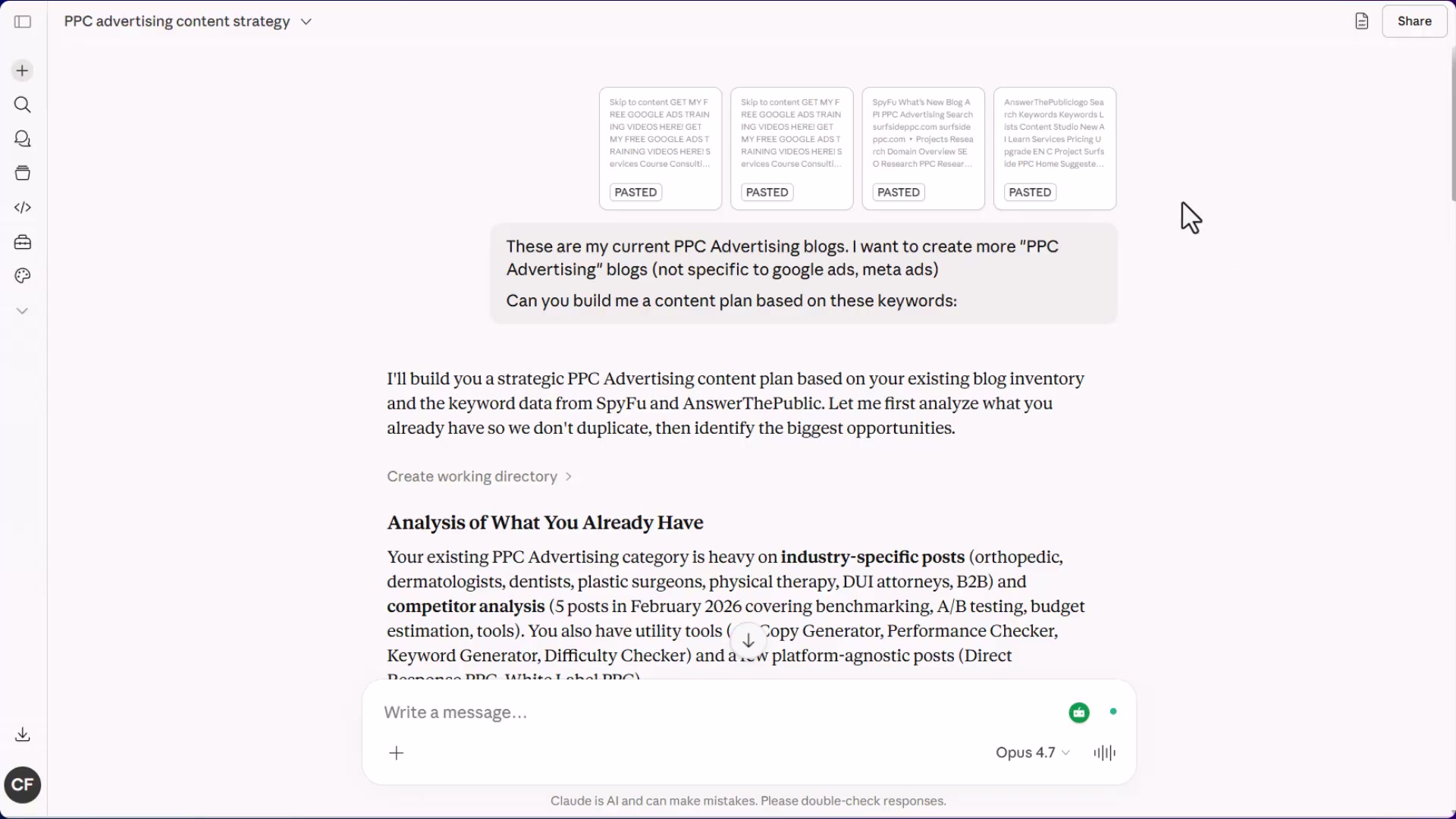 Paste your existing blog inventory + keyword exports into Claude and ask it to build a content plan — this is the full prompt setup