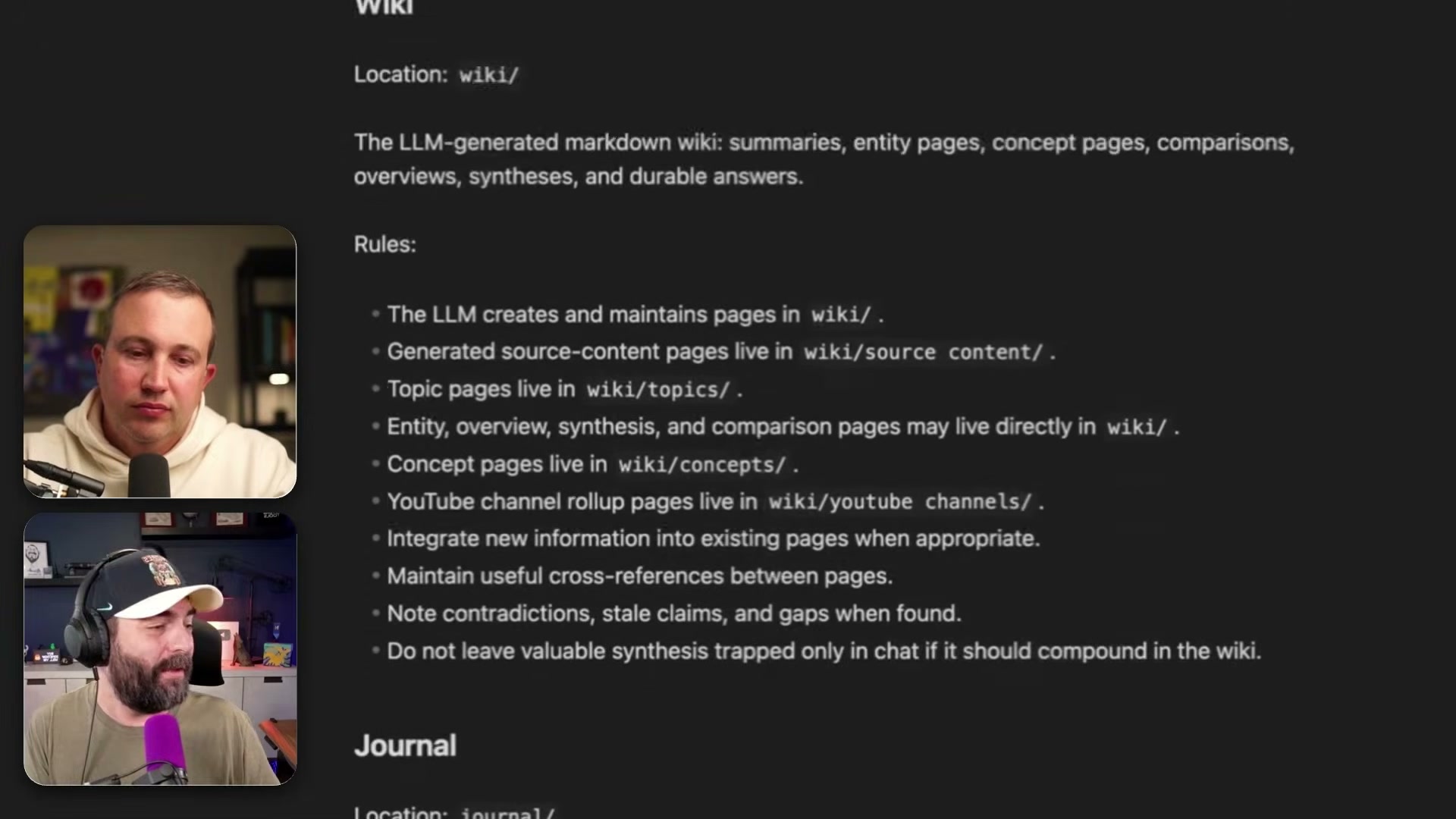 The Wiki section of the AGENTS.md schema defines where the LLM creates and maintains every page type — from source content to concept pages.