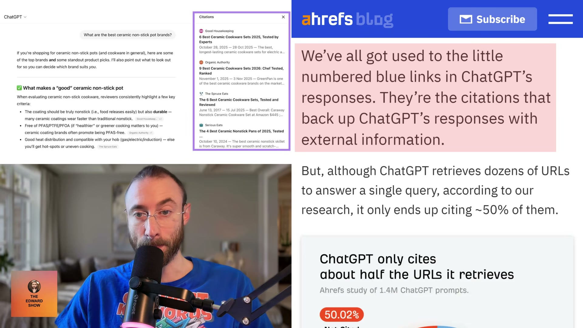 ChatGPT retrieves dozens of URLs per query but cites only ~50% — the Ahrefs study that kicked off this investigation.