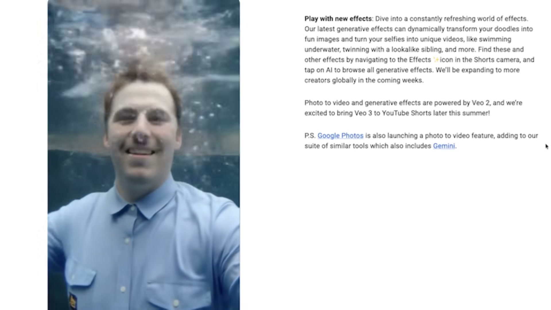 YouTube's generative effects in action: the 'swimming underwater' filter, powered by Veo 2, transforms a static selfie into an animated Short.