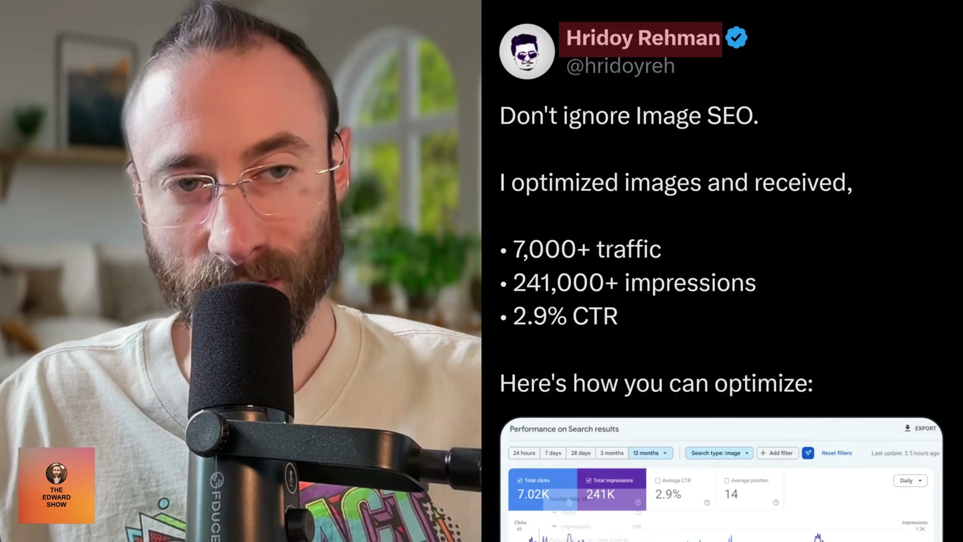 Real results from image SEO optimization: 241K impressions and 7K clicks reported in Google Search Console