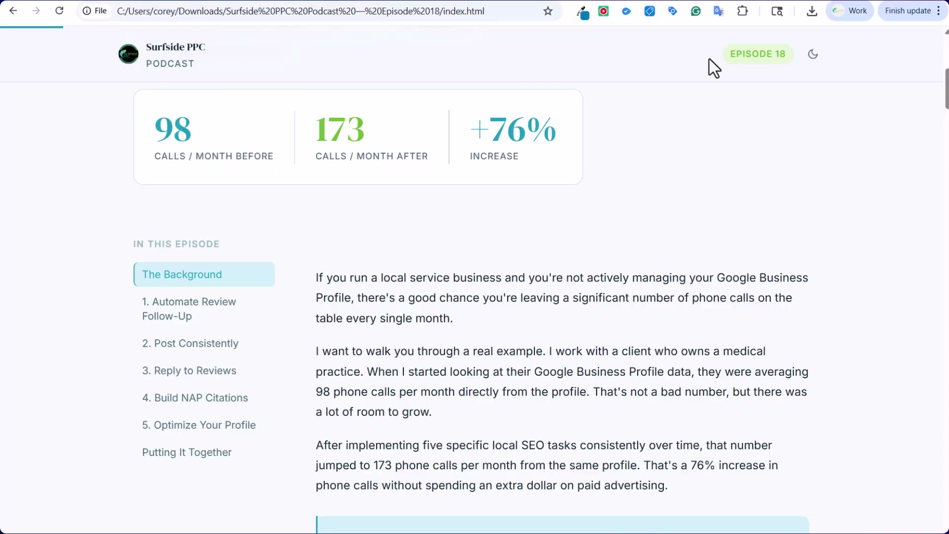 The medical practice case study at a glance: 98 calls/month before, 173 after — and the 5 GBP tasks that drove the change.