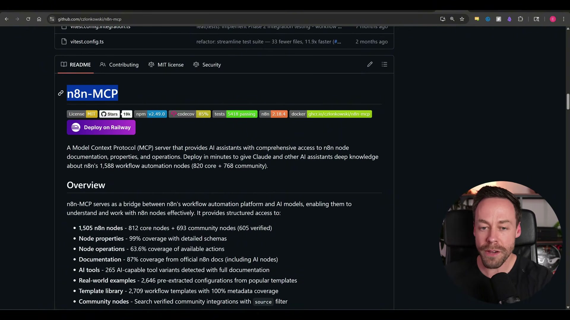 The n8n-MCP GitHub repo: 1,505 nodes, 99% property coverage, and 2,709 workflow templates — this is what Claude is querying