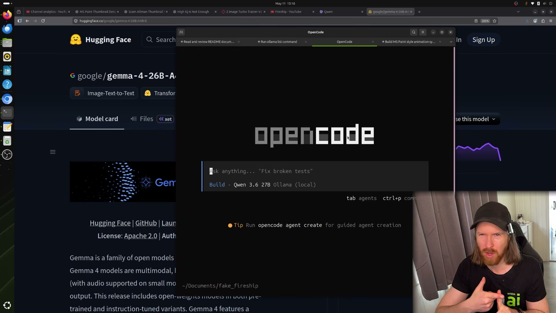 OpenCode connected to Qwen 3.6 27B via Ollama — no API key, no cost, running fully local.
