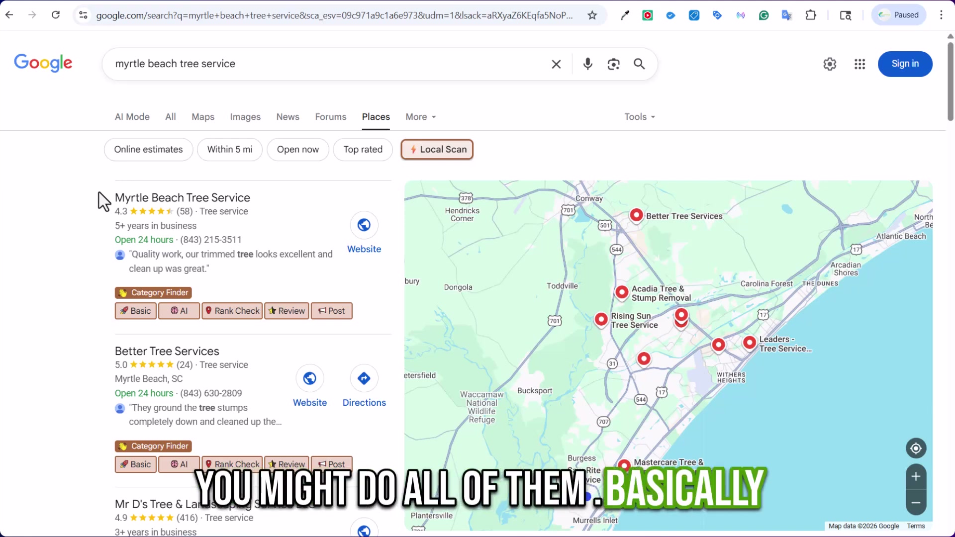 The Places tab surfaces your top local competitors — note the review counts and ratings that determine who wins the pack.