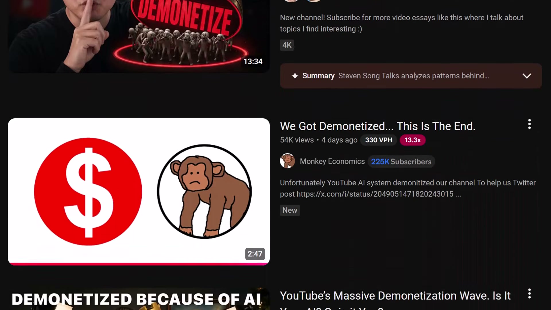 Real channels hit by YouTube's demonetization wave — these results surface when creators search for answers