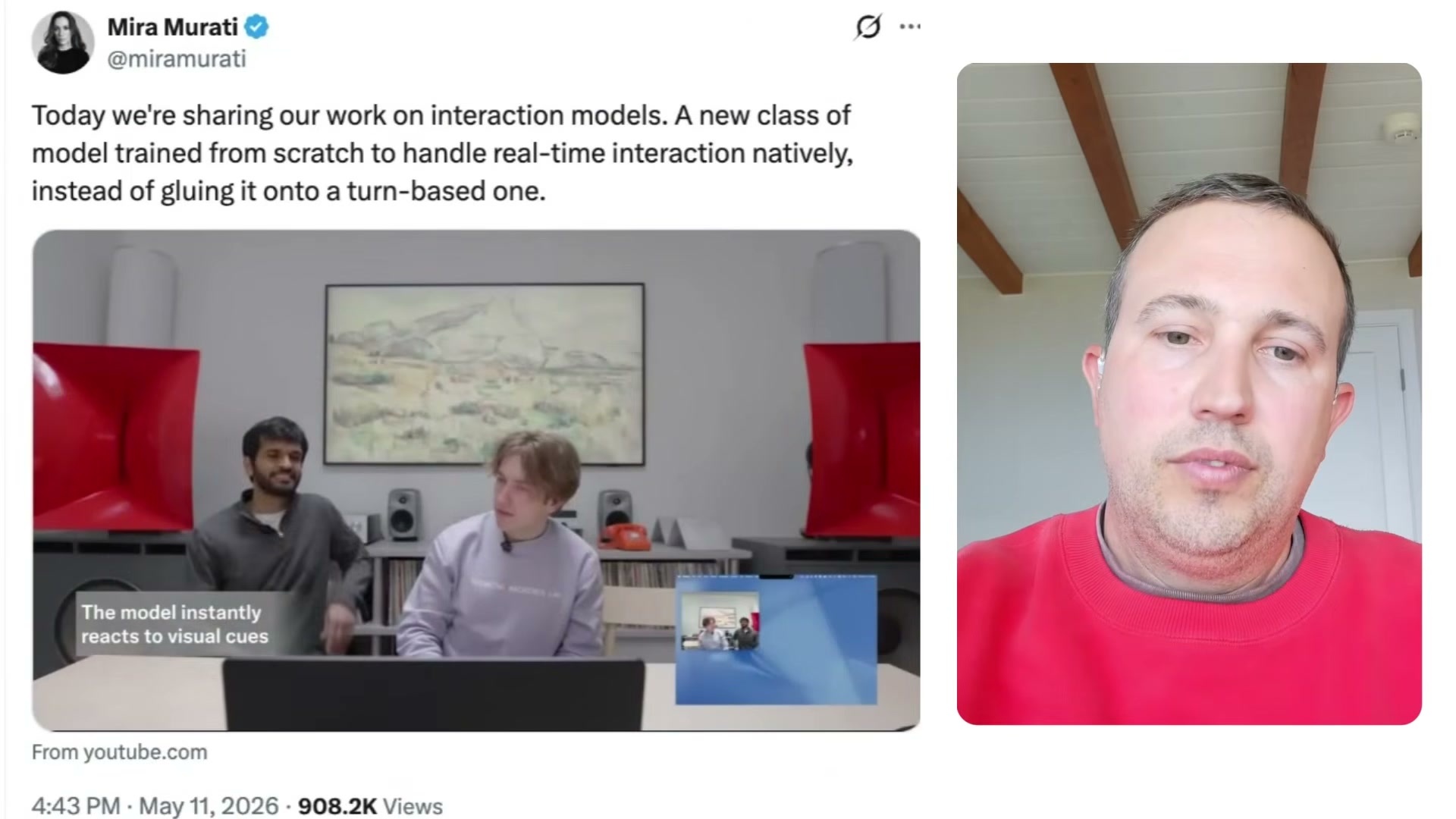 Mira Murati's 908K-view tweet announcing Thinking Machines' Interaction Models — the breakthrough behind real-time voice AI.