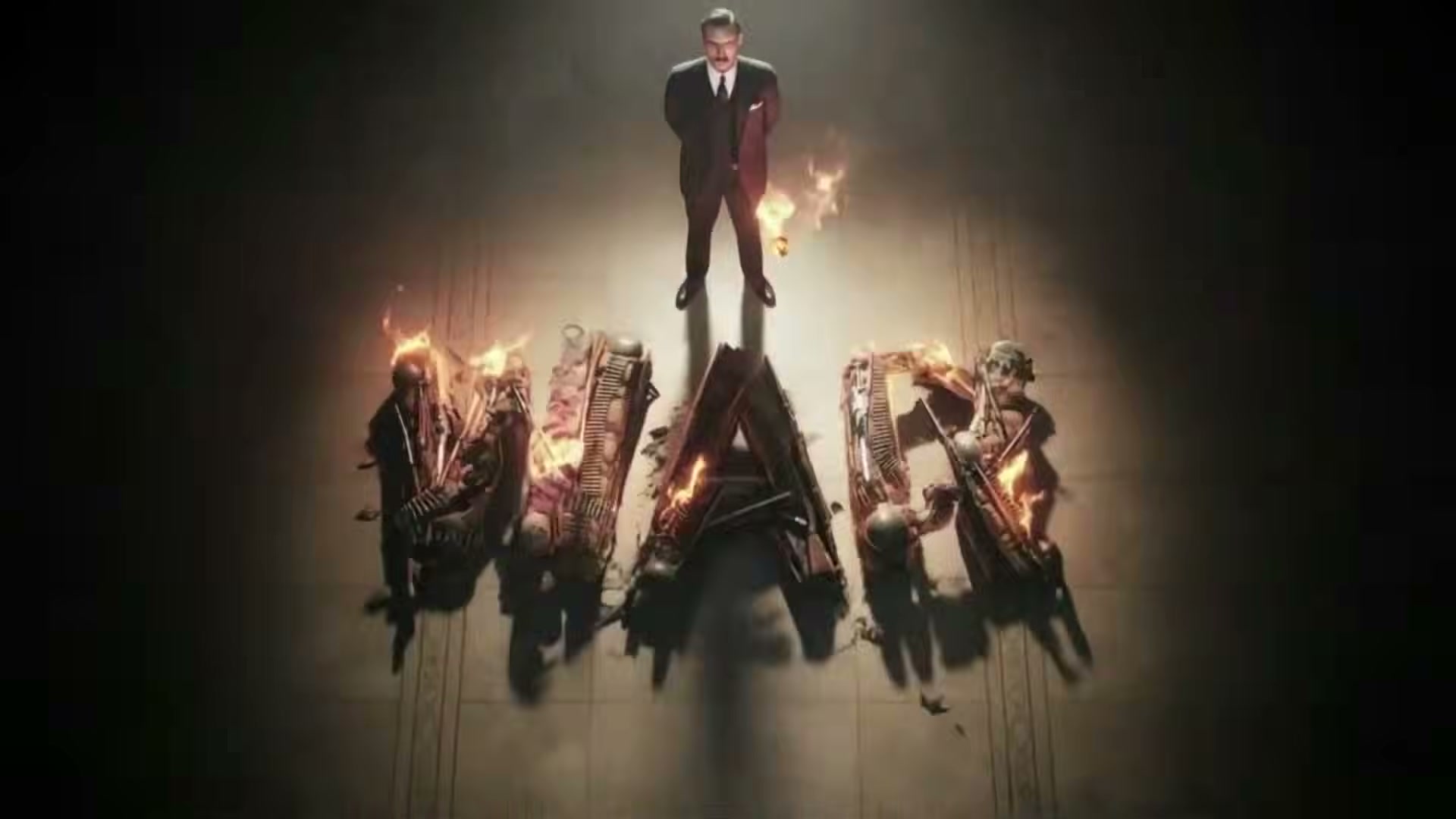 One frame from Iran's viral AI video: a suited power figure dominates a weapons-forged 'WAR' — Bernays' 'transfer' technique made pixel-perfect.