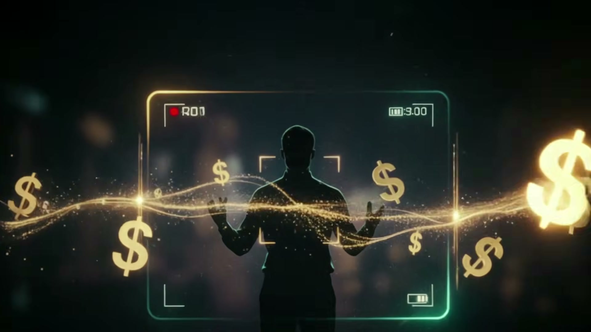 Influencers as mercenaries: the camera viewfinder and dollar signs illustrate how fear content gets manufactured for profit.