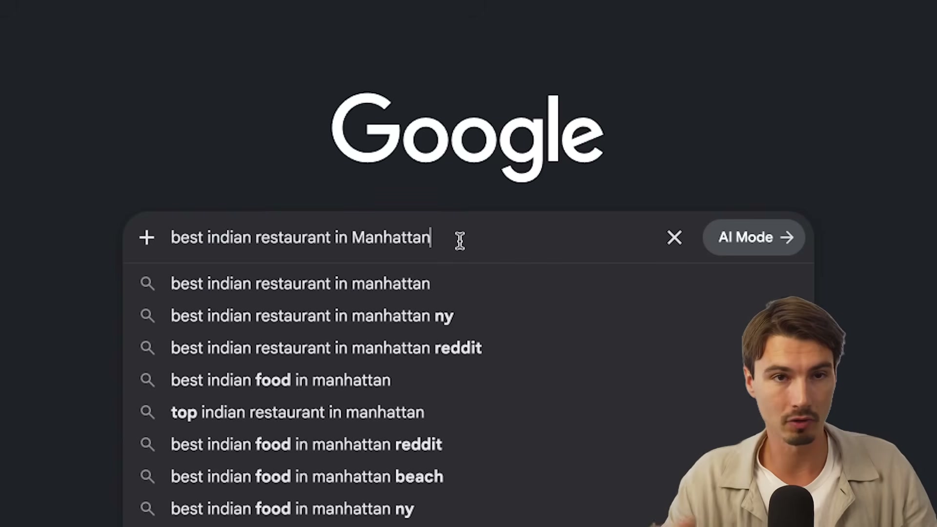 The 'AI Mode' button appears inline in the Google Search bar — tap it to shift from keyword search to conversational AI search powered by Gemini.